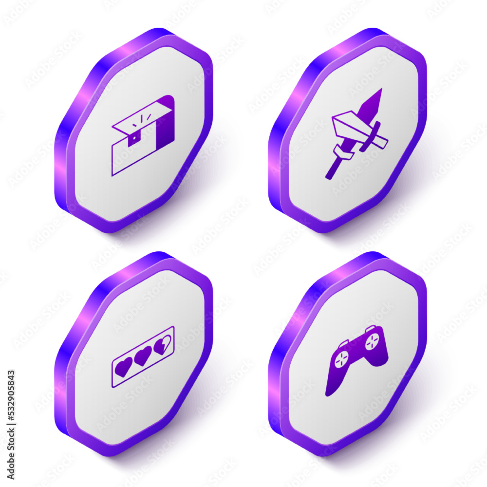 Set Isometric Chest for game, Sword, Game life bar and controller joystick icon. Purple hexagon button. Vector Set Isometric Chest for game, Sword, Game life bar and controller joystick icon. Purple hexagon button. Vector
