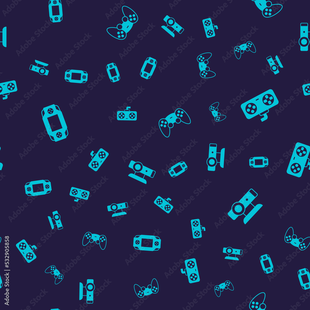 Set Portable video game console, Game controller joystick, and Web camera on seamless pattern. Vector
