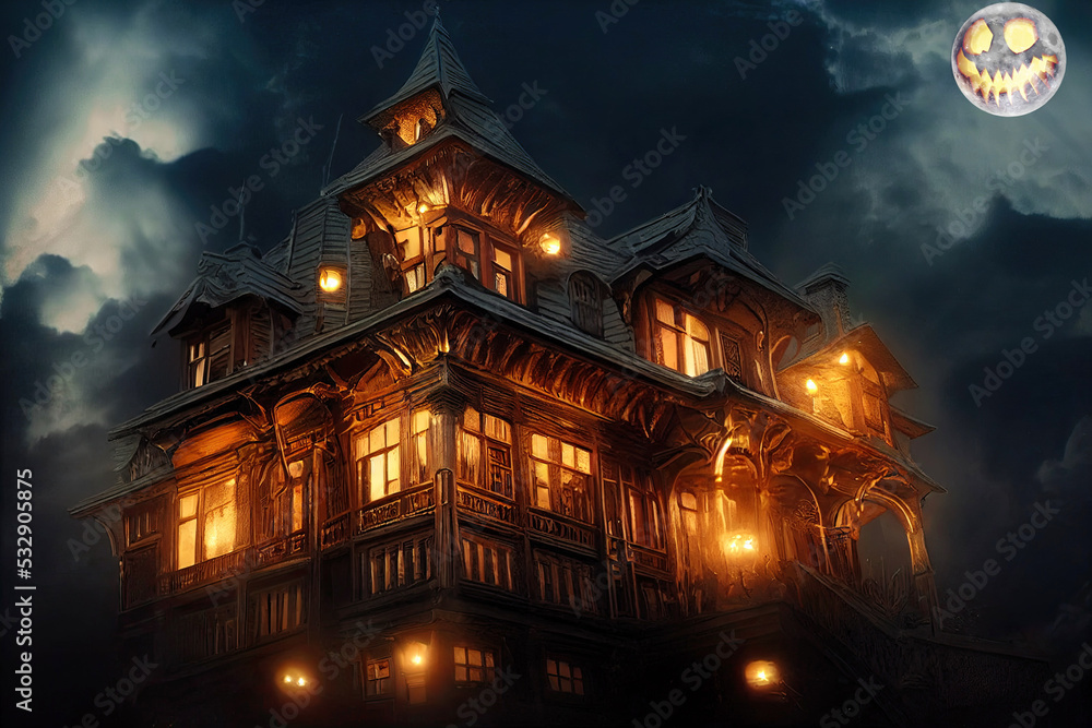 A large victorian house of terror where a full moon shines in the dark and candlelight. Halloween horror house in the dark with horror pumpkin smiling. 3D illustration and fantasy digital painting.