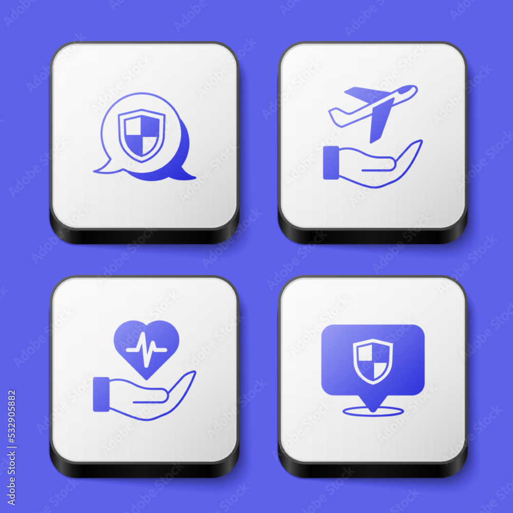 Set Shield, Plane in hand, Life insurance and Location shield icon. White square button. Vector Set Shield, Plane in hand, Life insurance and Location shield icon. White square button. Vector