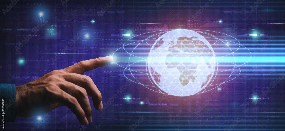 Businessman pointing at globe icon showing global cyberspace technology network connection, internet data business communication and development,big data analytics,financial innovation and investment Businessman pointing at globe icon showing global cyberspace technology network connection, internet data business communication and development,big data analytics,financial innovation and investment