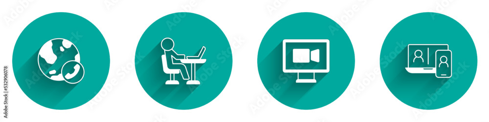 Fototapeta premium Set Video chat conference, Freelancer, and icon with long shadow. Vector