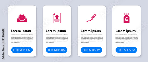 Set Toothache painkiller tablet, Tube of toothpaste, Clipboard with dental card and Otolaryngological head reflector. Business infographic template. Vector
