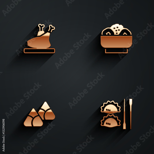 Set Roasted turkey or chicken, Chow mein on plate, Zongzi bamboo steamer and Dumpling with chopsticks icon with long shadow. Vector