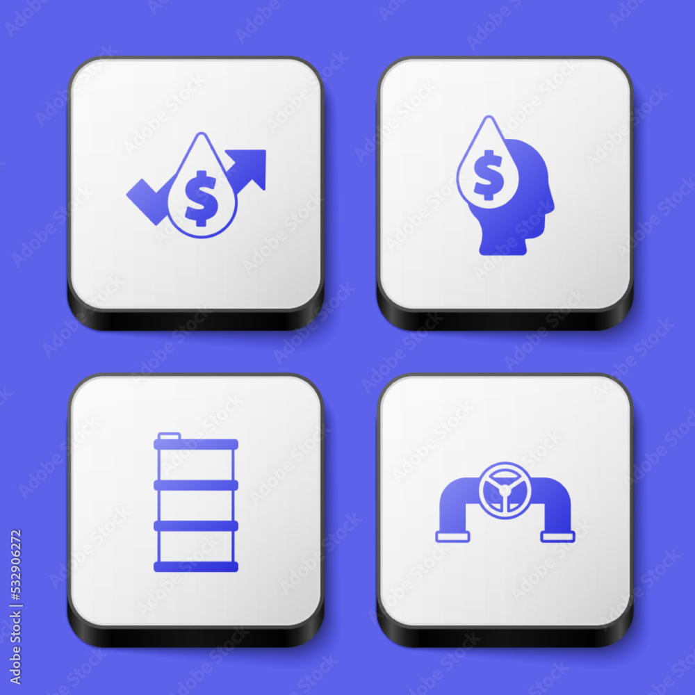 Set Oil price increase, drop with dollar symbol, Barrel oil and pipe valve icon. White square button. Vector Set Oil price increase, drop with dollar symbol, Barrel oil and pipe valve icon. White square button. Vector