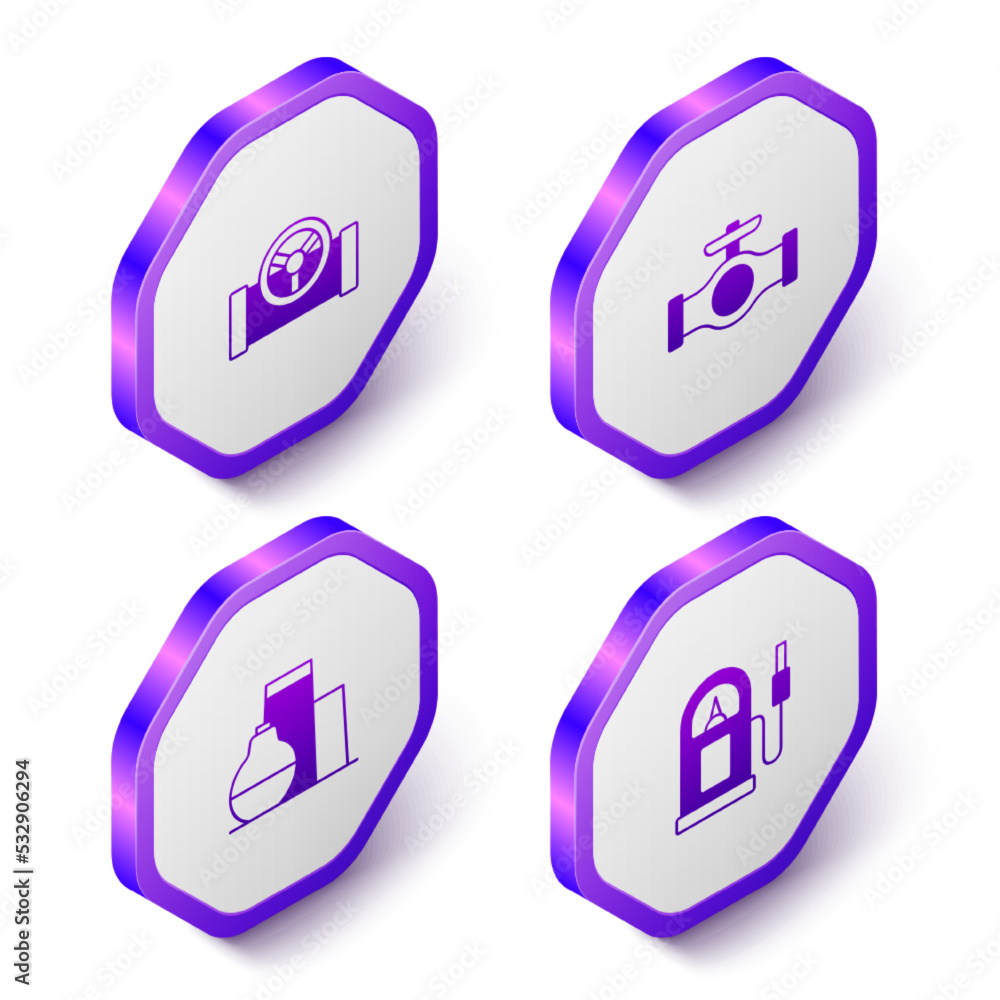 Set Isometric Oil pipe with valve, tank storage and Petrol gas station icon. Purple hexagon button. Vector Set Isometric Oil pipe with valve, tank storage and Petrol gas station icon. Purple hexagon button. Vector