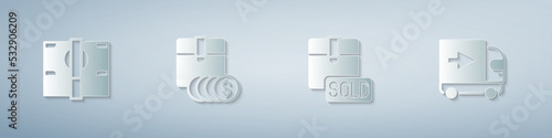 Set Stacks paper money cash, Item price tag with dollar, Sold and Delivery cargo truck. Paper art style. Vector
