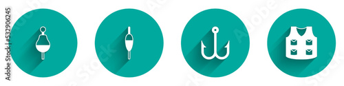Set Fishing float, hook and jacket icon with long shadow. Vector