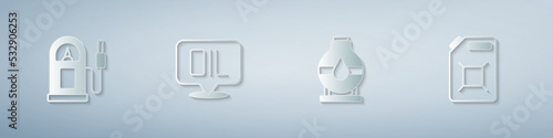 Set Petrol or gas station, Word oil, Oil tank storage and Canister for gasoline. Paper art style. Vector