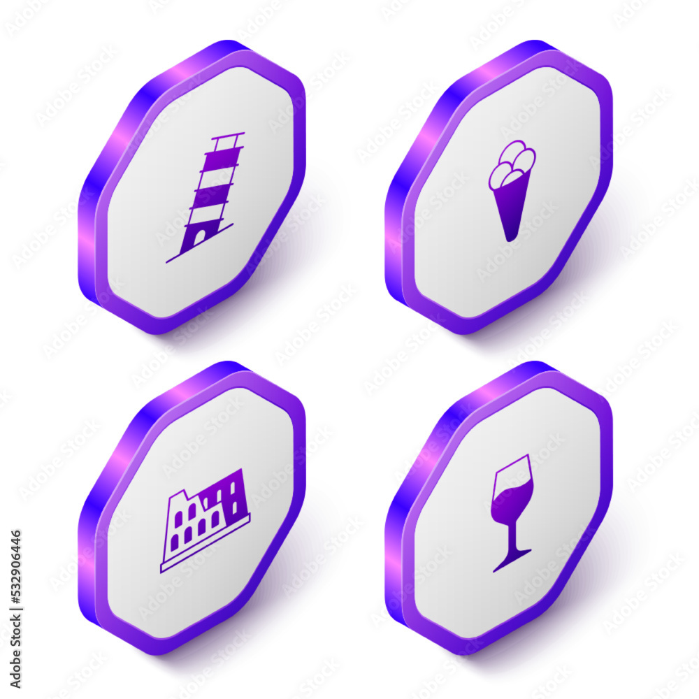 Set Isometric Leaning tower in Pisa, Ice cream waffle, Coliseum and Wine glass icon. Purple hexagon button. Vector Set Isometric Leaning tower in Pisa, Ice cream waffle, Coliseum and Wine glass icon. Purple hexagon button. Vector