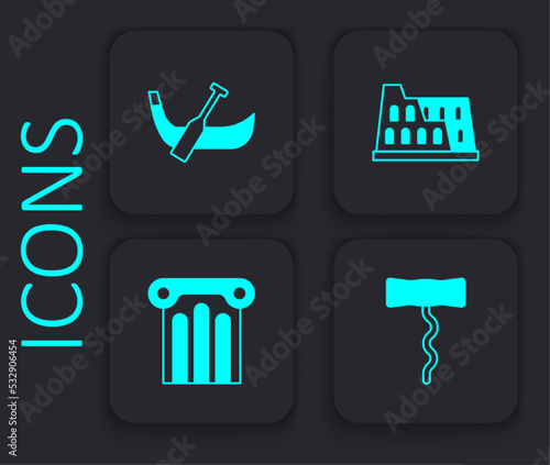 Set Wine corkscrew, Gondola boat, Coliseum and Ancient column icon. Black square button. Vector