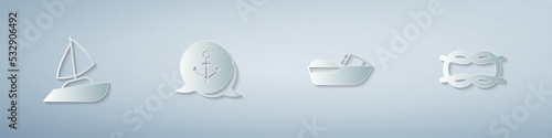 Set Yacht sailboat, Anchor, Jet ski and Nautical rope knots. Paper art style. Vector