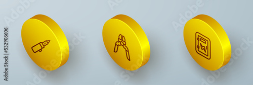 Set Isometric line Soldering iron, Pliers tool and Electrical panel icon. Vector