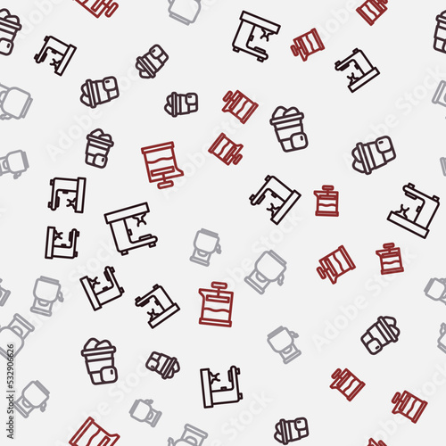 Set line Coffee machine, Iced coffee, Kettle with handle and French press on seamless pattern. Vector