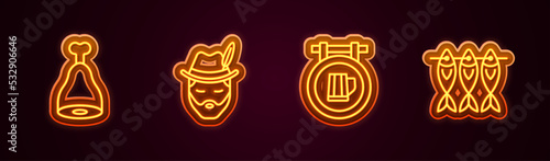 Set line Chicken leg, Oktoberfest man, Street signboard with beer and Dried fish. Glowing neon icon. Vector