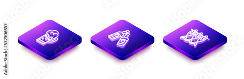 Set Isometric line Glass of beer, Beer bottle and Dried fish icon. Vector
