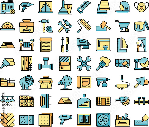 DIY repair icons set outline vector. Worker repair. Construction house thin line color flat on white