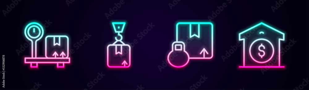 Set line Scale with cardboard box, Crane, Carton and Warehouse price. Glowing neon icon. Vector Set line Scale with cardboard box, Crane, Carton and Warehouse price. Glowing neon icon. Vector