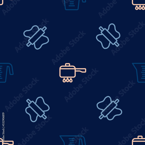 Set line Measuring cup  Rolling pin on dough and Cooking pot fire on seamless pattern. Vector