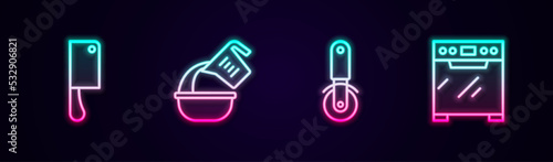 Set line Meat chopper, Measuring cup and bowl, Pizza knife and Oven. Glowing neon icon. Vector