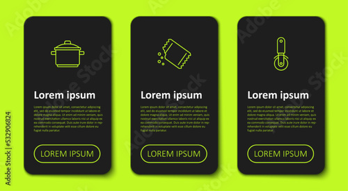 Set line Cooking pot, Packet of pepper and Pizza knife. Business infographic template. Vector