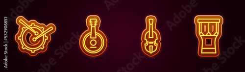 Set line Drum with drum sticks, Banjo, Violin and African percussion. Glowing neon icon. Vector