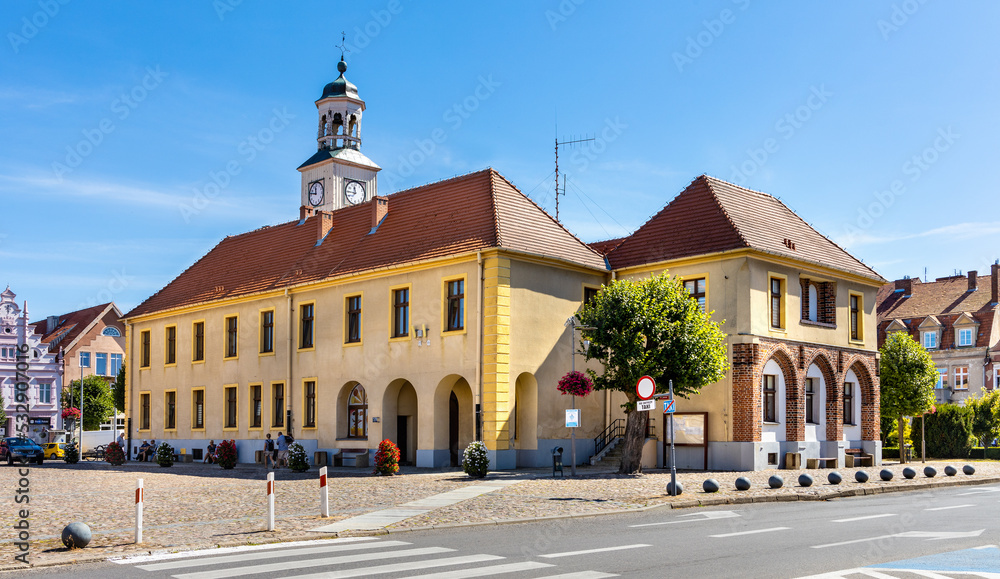 Classicist Ratusz town hall palace at Rynek main market square in historic old town quarter of Trzebiatow in Poland