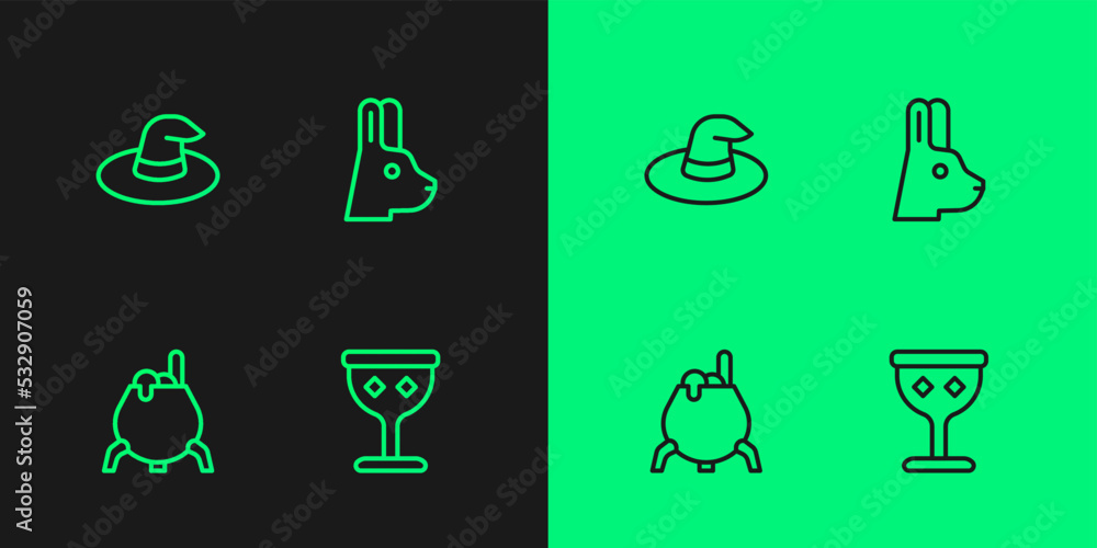Set line Medieval goblet, Witch cauldron, hat and Rabbit with ears icon. Vector Set line Medieval goblet, Witch cauldron, hat and Rabbit with ears icon. Vector