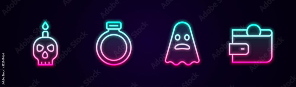 Set line Burning candle on skull, Magic stone ring, Ghost and Wallet. Glowing neon icon. Vector Set line Burning candle on skull, Magic stone ring, Ghost and Wallet. Glowing neon icon. Vector