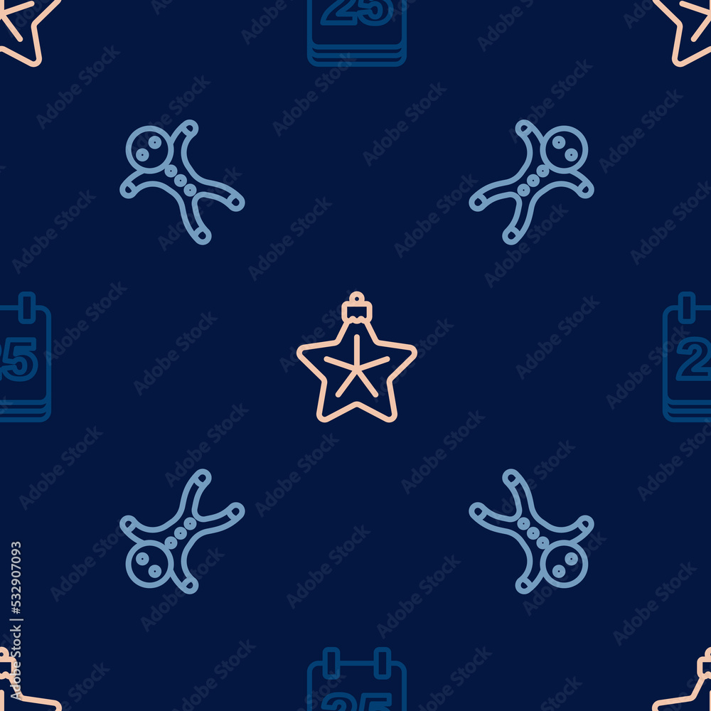 Fototapeta premium Set line Christmas day calendar, Holiday gingerbread man cookie and star on seamless pattern. Vector