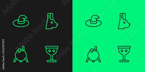 Set line Medieval goblet, Witch cauldron, hat and Rabbit with ears icon. Vector