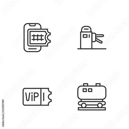 Set line Oil railway cistern, Train ticket, Online booking and Turnstile icon. Vector