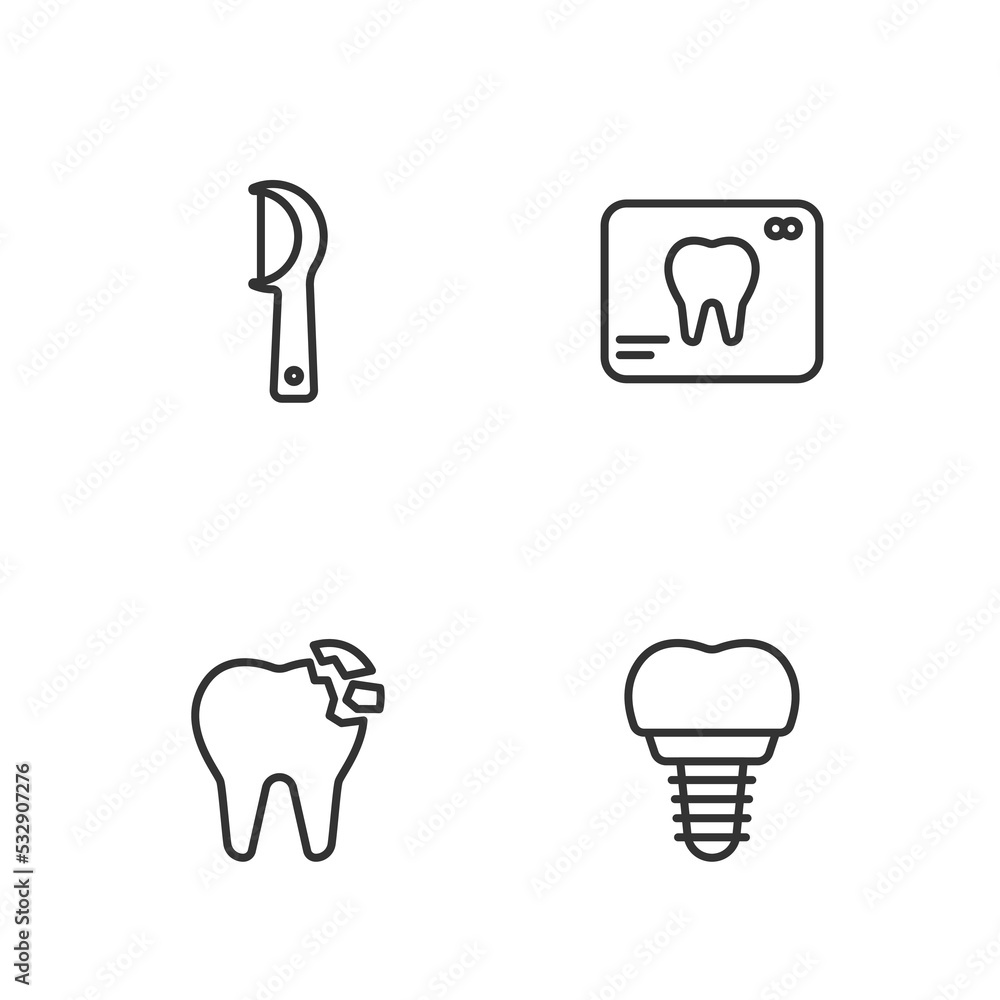 Set line Dental implant, Broken tooth, floss and X-ray of icon. Vector Set line Dental implant, Broken tooth, floss and X-ray of icon. Vector