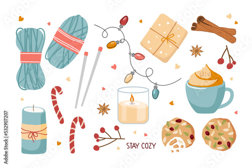 Stay Cozy set with hand drawn elements. Cute cozy home element collection. Autumn or Winter season Attributes. Vector sketch icon isolated on white background. Seasonal Design elements
