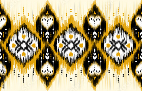 seamless geometric pattern. Tribal Art Ikat Ogee in traditional classic black and yellow colors. based on ikat fabric style. Vector illustration.