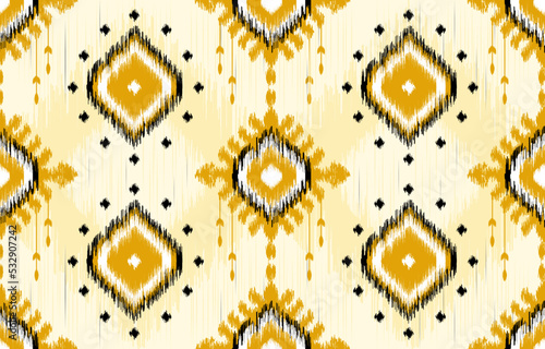 seamless geometric pattern. Tribal Art Ikat Ogee in traditional classic black and yellow colors. based on ikat fabric style. Vector illustration.