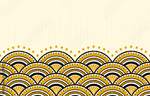 seamless geometric pattern. Tribal Art Ikat Ogee in traditional classic black and yellow colors. based on ikat fabric style. Vector illustration.