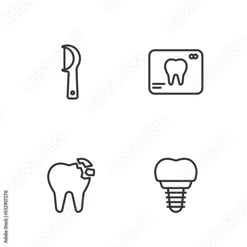 Set line Dental implant, Broken tooth, floss and X-ray of icon. Vector