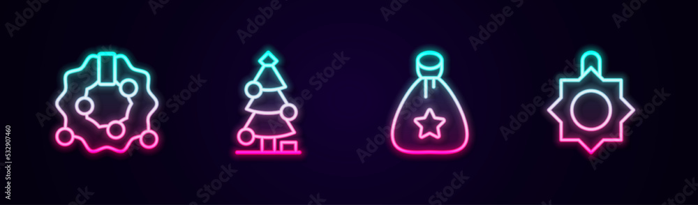 Set line Christmas wreath, tree, Santa Claus bag gift and toy. Glowing neon icon. Vector Set line Christmas wreath, tree, Santa Claus bag gift and toy. Glowing neon icon. Vector