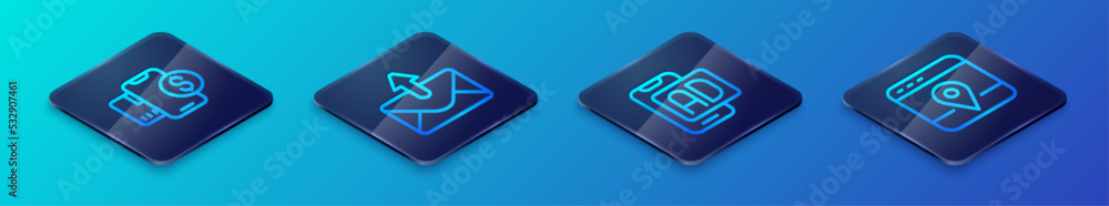 Set Isometric line Advertising, Mobile with dollar, Infographic of city map and Mail and e-mail icon. Vector Set Isometric line Advertising, Mobile with dollar, Infographic of city map and Mail and e-mail icon. Vector