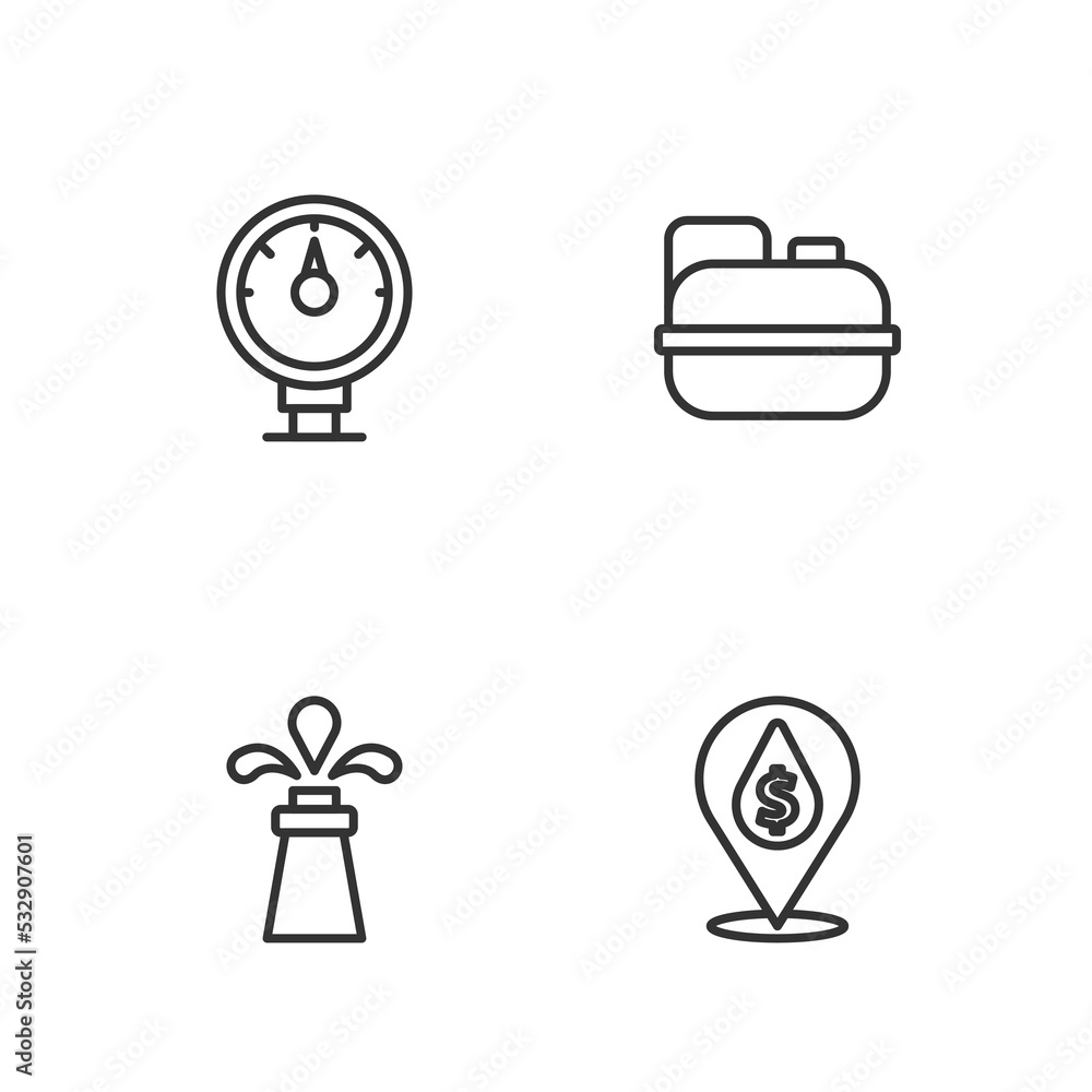 Set line Oil drop with dollar symbol, rig, Motor gas gauge and Canister for gasoline icon. Vector Set line Oil drop with dollar symbol, rig, Motor gas gauge and Canister for gasoline icon. Vector
