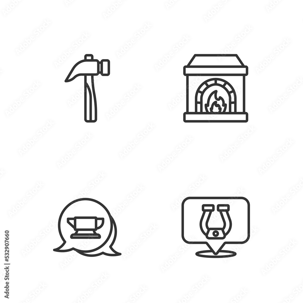 Set line Horseshoe, Blacksmith anvil tool, Hammer and oven icon. Vector Set line Horseshoe, Blacksmith anvil tool, Hammer and oven icon. Vector