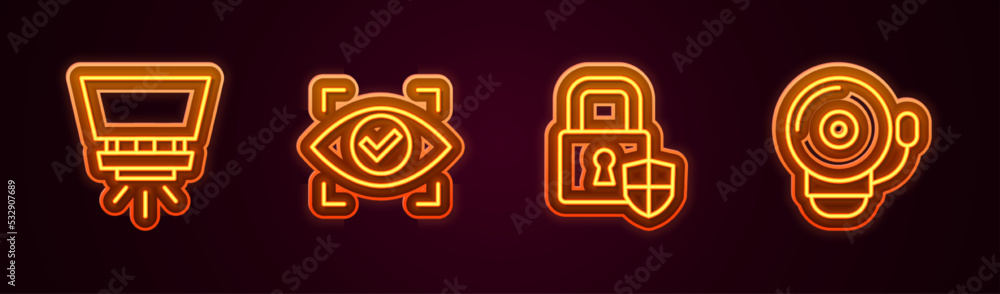 Set line Fire sprinkler system, Eye scan, Shield security with lock and Ringing alarm bell. Glowing neon icon. Vector Set line Fire sprinkler system, Eye scan, Shield security with lock and Ringing alarm bell. Glowing neon icon. Vector