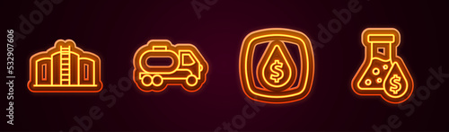Set line Oil tank storage, Tanker truck, drop with dollar symbol and petrol test tube. Glowing neon icon. Vector