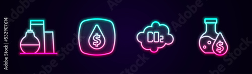 Set line Oil tank storage, drop with dollar symbol, CO2 emissions in cloud and petrol test tube. Glowing neon icon. Vector