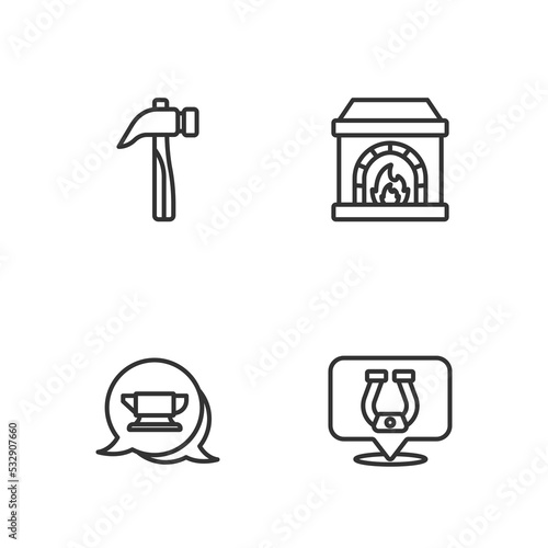 Set line Horseshoe, Blacksmith anvil tool, Hammer and oven icon. Vector