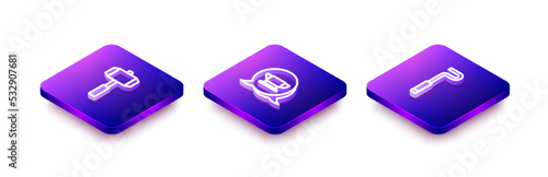Set Isometric line Sledgehammer, Blacksmith anvil tool and Fire poker icon. Vector