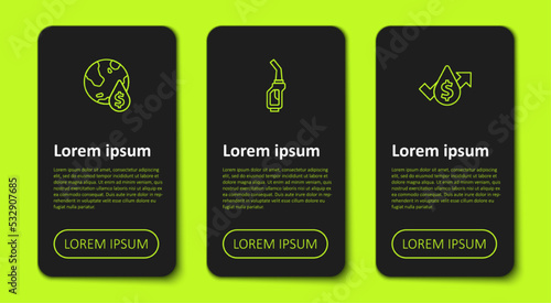 Set line Oil drop with dollar symbol, Gasoline pump nozzle and price increase. Business infographic template. Vector