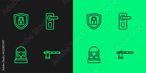 Set line Parking car barrier, Ringing alarm bell, Shield security with lock and Fingerprint door icon. Vector