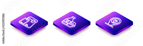 Set Isometric line Online ordering food, and Cafe and restaurant location icon. Vector